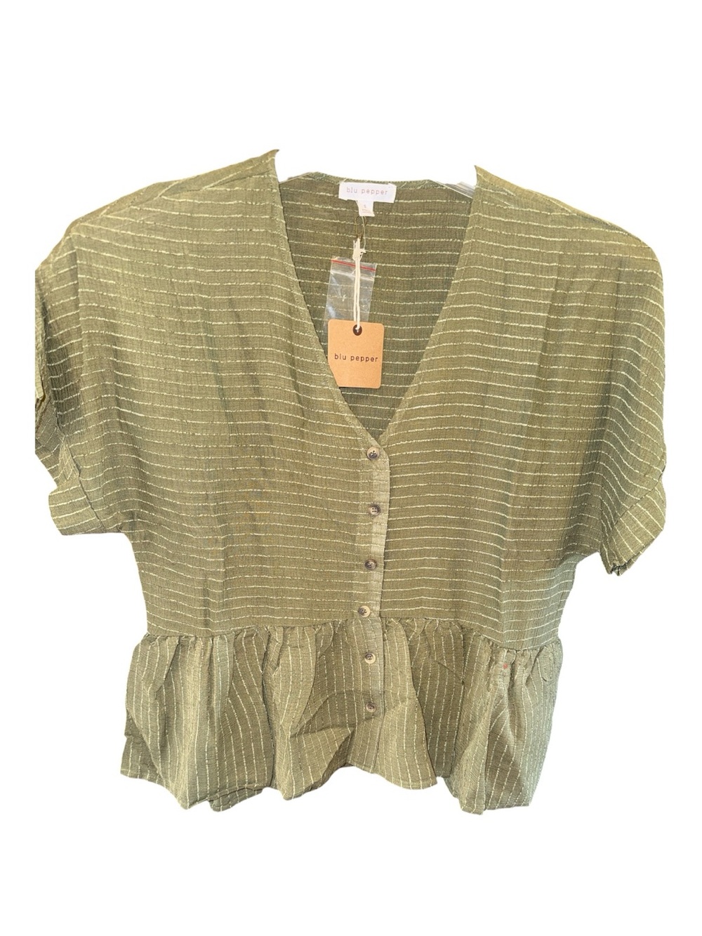 Blu Pepper Olive Green Button-Front Short Sleeve Peplum Top